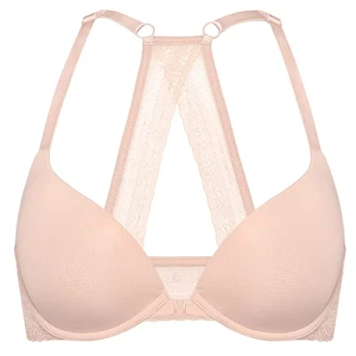 Obrázek DOBREVA Dámská podprsenka na přední straně Push Up s kosticemi Soft T Shirt hluboký výstřih za krk polstrovaná, Blush béžová
