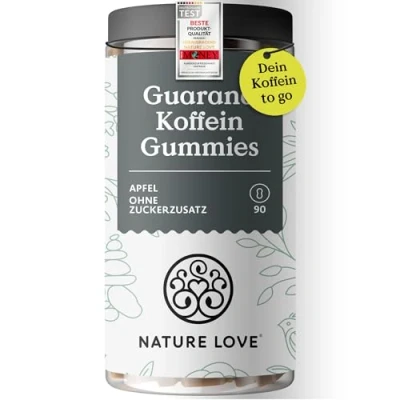 Obrázek NATURE LOVE® Gumička guarana kofein 90 kusů bez přidaného cukru 45 mg kofeinu v denní dávce guma jako alternativa k kávě, energetickým nápojům a kofeinovým tabletám veganský laboratorně