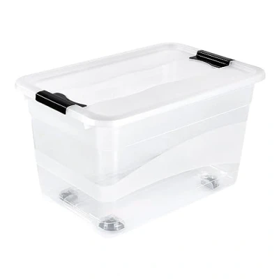 Obrázek keeeper Úložný box s kolečky, víkem a posuvným uzávěrem, 59,5 x 39,5 35 cm, 52 l, konrad, průhledný