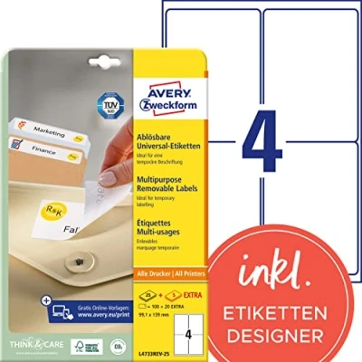 Obrázek AVERY Zweckform L4733REV 25 univerzální etikety (100 plus 20 lepicích etiket extra, 99,1 x 139 mm na A4, lze opět beze zbytku odstranit/odstranit, potištěné, samolepicí nálepky) 30 listů, bílé