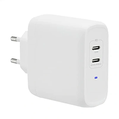 Obrázek Amazon Basics USB C nástěnná nabíječka se 2 přípojkami, 63 W, GaN, pro notebooky, tablety a mobilní telefony s napájením, bílá (ne PPS), 6,6 x 2,94 6,24 cm
