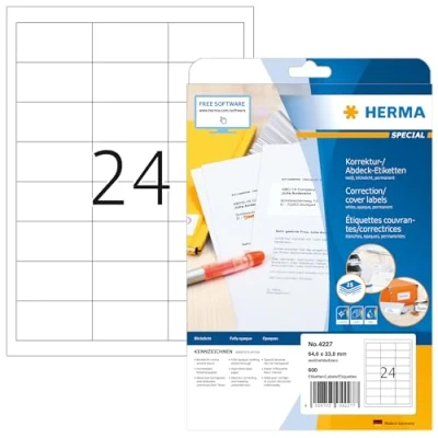 Obrázek HERMA 4227 krycí etikety DIN A4 neprůhledné (64,6 x 33,8 mm, 25 listů, papír, matný) samolepicí, potiskovatelné, permanentní přilnavé korekční nálepky, 600 lepicích etiket, bílé