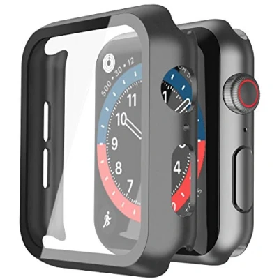 Obrázek Misxi Černé tvrdé pouzdro se skleněnou ochranou displeje kompatibilní s Apple Watch řady 6 / SE/série 5 série 4 44 mm, 2 kusy