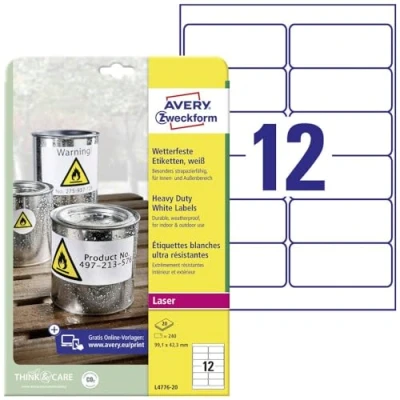 Obrázek AVERY Zweckform L4776 20 fóliové etikety odolné proti povětrnostním vlivům (240 lepicích etiket, 99,1 x 42,3 mm na A4, extrémně silně samolepicí, voděodolné, odolné, potištěná venkovní lepicí fólie) listů, bílá