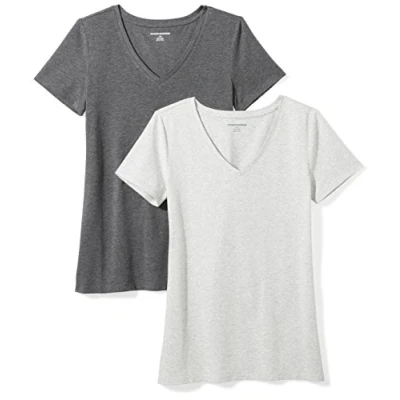 Obrázek Amazon Essentials Dámské tričko s krátkým rukávem výstřihem do V, klasický střih, balení po 2, tmavě šedá melírovaná/světle melírovaná, XXL