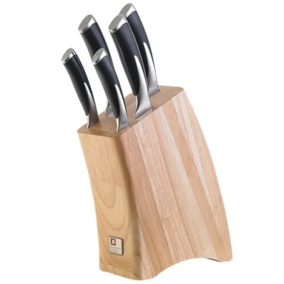 Obrázek Richardson Sheffield KYU blok na nože 5dílná sada nožů z kaučukového dřeva špikovací nůž, univerzální nůž šunku, chléb a santoku ušlechtilá nerezová leštěná