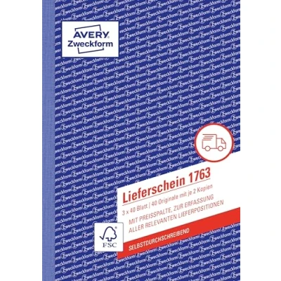 Obrázek AVERY Zweckform Dodání 1763 s cenovou štěrbinou (A5, 3 x 40 listů, samostatně propisující barevnými průlohami, pro zachycení všech relevantních pozic dodání) bílá/žlutá/růžová
