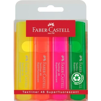 Obrázek FABER CASTELL 154604 sada zvýrazňovačů TL 1546, 4dílná pouzdra, neonové barvy, s trvanlivým klínovým hrotem, šířka linky 1 5 mm, doplňovací