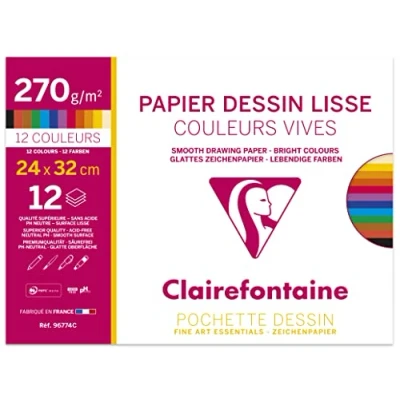 Obrázek Clairefontaine 96774C Packung mit 12 Bögen glattes Zeichenpapier Maya, 270g, 24 x 32cm, 1 Pack, kräftige Farben Sortiert, Papier, 32 cm