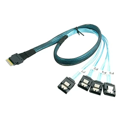 Obrázek Cablecc Slimline SAS 4.0 SFF 8654 4i 38 Pin Host zu 4 SATA 7 Ziel Festplatten Fanout Raid Kabel 50 cm