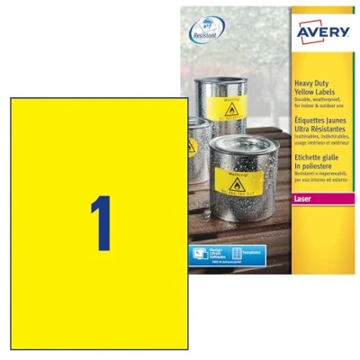 Obrázek AVERY Zweckform L6111 20 fóliové etikety odolné proti povětrnostním vlivům (20 signálních nálepek, 210 x 297 mm na A4, extrémně silné, voděodolné, odolné, potiskovatelná venkovní lepicí fólie) listů, žluté