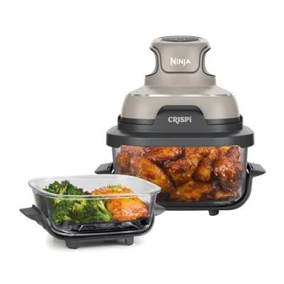 Obrázek Ninja Přenosná horkovzdušná fritéza CRISPi, 3,8 l, 4 v 1: fritéza, pečení, udržování teploty, recrisp, kompaktní, 6 porcí, 2x vyjímatelná skleněná nádoba a víko, 1700 W, kámen FN101EUST