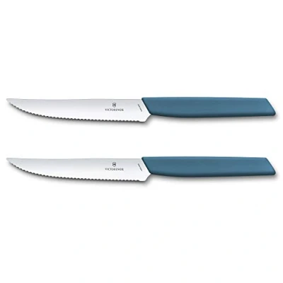 Obrázek Victorinox Swiss Moderní, profesionální sada steakových nožů, 2dílná, extra ostrá čepel, vlnitý brus, 12 cm, nerezová ocel, modrá