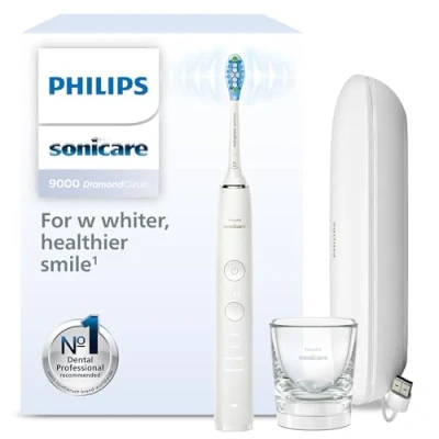 Obrázek Philips Sonicare Elektrický zubní kartáček DiamondClean 9000, sonický s aplikací, tlakový senzor, 4 režimy čištění, 3 stupně intenzity, nabíjecí sklenice a cestovní pouzdro USB, bílý,