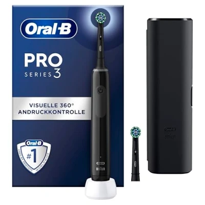 Obrázek Oral B elektrický zubní kartáček pro 3 3500, kartáček, 2 hlavice, se režimy čištění a vizuální kontrolou přítlaku 360 péči o zuby, cestovní pouzdro, dárek muže/ženu, černá barva