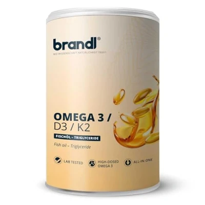 Obrázek Kapsle Vitamín D3 K2 Omega 3 Premium brandl® Vyrobeno v Německu s rybím olejem z EU optimalizováno pro sportovce 120 kapslí