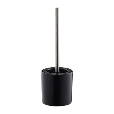 Obrázek Relaxdays WC souprava keramika, kulatý držák na toaletní štětku, vyměnitelná hlava štětky, koupelnová sada, V x D 38,5 12,5 cm, černá