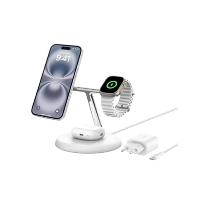 Obrázek Belkin bezdrátová nabíjecí stanice 3 v 1 s magnetickou Qi2, 15 W, kompatibilní MagSafe, nabíječka, iPhone série 16, 15, 14, 13, AirPods, Apple Watch, vč. síťového zdroje