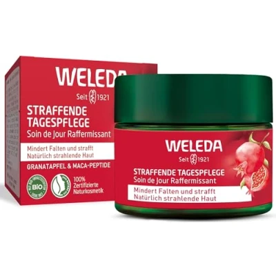 Obrázek WELEDA Bio zpevňující denní péče přírodní kosmetika Natural Anti Aging pleťový krém s olejem ze semínek granátového jablka a maca peptidy. Hydratační redukuje vrásky &amp; zvyšuje pružnost /