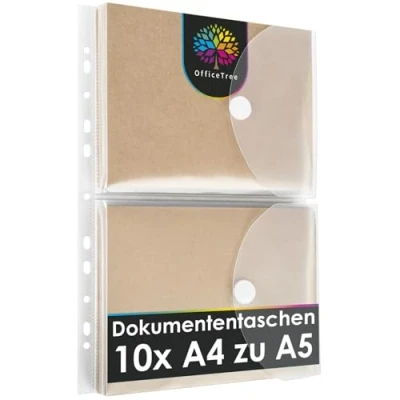Obrázek OfficeTree 10x kapsa na dokumenty A5 s možností sešívání se 120 zesilovači otvorů fóliová taška desky k zakládání průhledné obaly suchým zipem a založením okraje