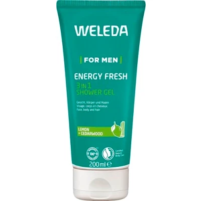 Obrázek WELEDA Bio For Men 3v1 sprchový Gel &amp; šampon Energy Fresh přírodní kosmetika muži sprchové mýdlo péče o vlasy s citronem a cedrovým dřevem vůně. Shower k čištění obličeje, těla vlasů (1x 200