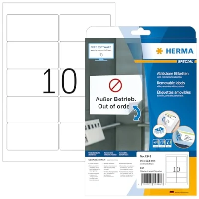 Obrázek HERMA 4349 univerzální odlepitelné etikety, 25 listů, 96 x 50,8 mm, 10 na arch A4, 250 kusů, samolepicí, s možností potisku, matné, prázdné papírové lepicí bílé
