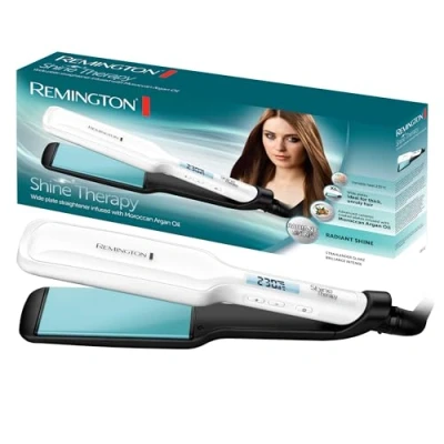 Obrázek Remington Žehlička široká Shine Therapy (kvalitní keramický povrch obohacený o mikroúčinné látky pro větší lesk marocký arganový olej a vitamin E) LCD displej, 150 230 C, žehlička na vlasy S8550