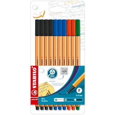 Obrázek Fineliner STABILO point 88 balení 10 ks Office 4x černá, 3x modrá, 2x červená, 1 x zelená
