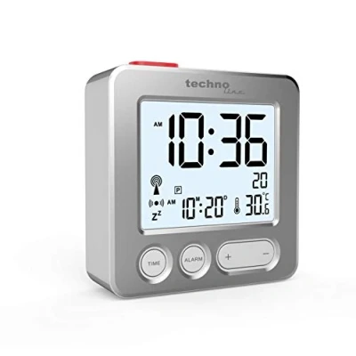Obrázek Technoline WT265 šikovný a přesvědčivý moderní rádiobudík s kartáčovaným čelem z pravého kovu, stříbrný, dotyková aktivace pro osvětlení/snooze, datum, vnitřní teplota, 66 x 21 mm