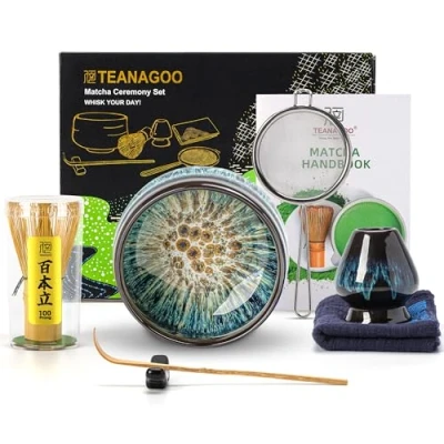 Obrázek TEANAGOO Matcha Tee Set, Japanisches Schale, Bambusbesen, Schaufel, Sieb, Besenhalter, Besenständer, Besenset N4,Matcha Set
