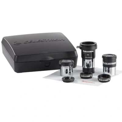 Obrázek Celestron 94307 osmidílná sada příslušenství k okuláru a filtru AstroMaster se dvěma 1,25palcovými okuláry, dvojitou čočkou Barlow, tři filtry, čisticí hadřík pouzdro z tvrdé skořepiny, černá