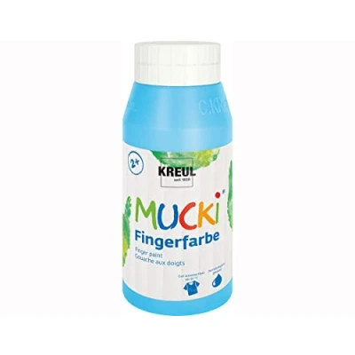 Obrázek KREUL 23213 Mucki zářivá barva na prsty, 750 ml ve světle modré barvě, bázi vody, bez parabenů, lepku, laktózy a veganská, omyvatelná, malovatelná štětcem, houbou, špachtlí prsty