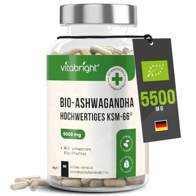 Obrázek Bio kapsle Ashwagandha ve vysokých dávkách KSM 66 5500 mg (Ashwagandha extrakt 550 odpovídá 10x koncentrovaný prášek) 5% Withanoliden, VitaBright