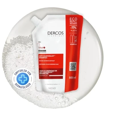 Obrázek VICHY Vital+ šampon proti ztrátě vlasů, jemná péče, pro lámavé vlasy, více plnosti a odolnosti, zklidňuje pokožku hlavy, dercos, doplňovací balení, 500 ml
