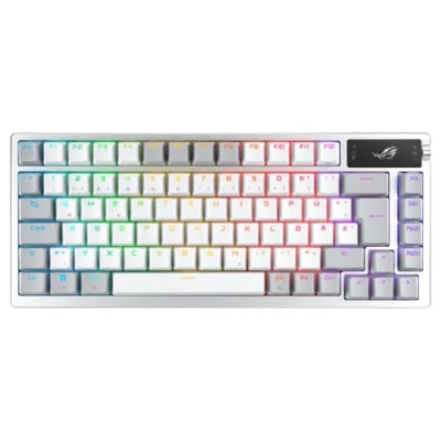 Obrázek ASUS Herní klávesnice ROG Azoth White RGB (rozložení qwertz, 75% faktor klávesnice, mechanický NX přepínače, OLED displej, bezdrátový s Bluetooth, 2,4 GHz RF, USB, Windows a režim MacOS, bílá)