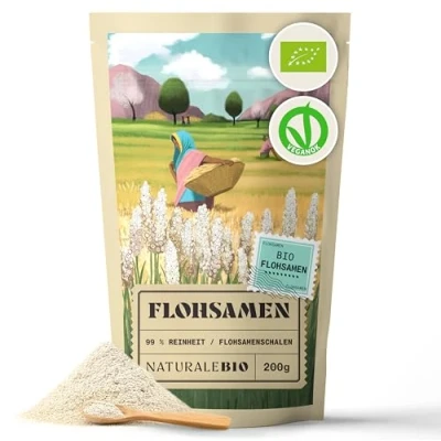 Obrázek Bio slupky psyllium, 99% čistota, 200 g přírodních slupek semen, přírodní, čisté, bohaté na vlákninu, veganské, k rozpuštění ve vodě, nápojích a šťávách, NaturaleBio.