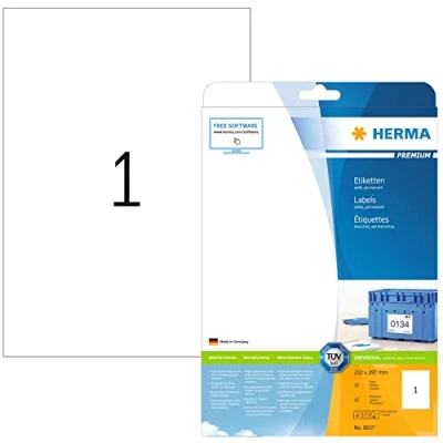 Obrázek HERMA 8637 univerzální etikety, 10 listů, 210 x 297 mm, 1 arch A4, kusů, samolepicí, s možností potisku, matné, prázdné papírové lepicí bílé