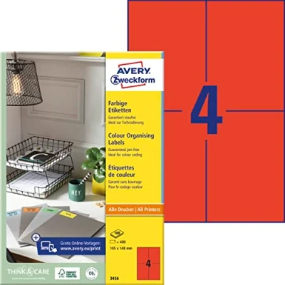 Obrázek AVERY Zweckform 3456 červené etikety (400 nálepek, 105 x 148 mm na A4, permanentně přilnavé, samolepicí barevné etikety, papír matný, potiskovatelné, lepicí etikety) 100 listů