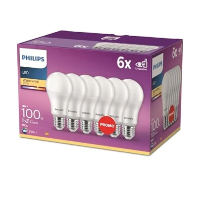 Obrázek Philips LED Classic E27 žárovky 6 ks v balení (100 W), matné s teplým bílým světlem, energeticky úsporné dlouhou užitnou životností, nová generace