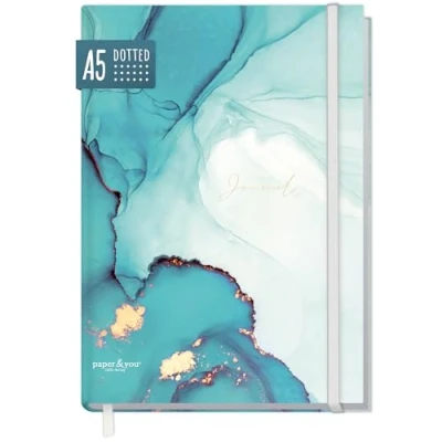 Obrázek paper&amp;you® Bullet Journal dotted A5 s gumičkou &quot;smaragd Gold&quot; 156 stran, poznámkový blok tečkovaný, deník udržitelný a šetrný k klimatu