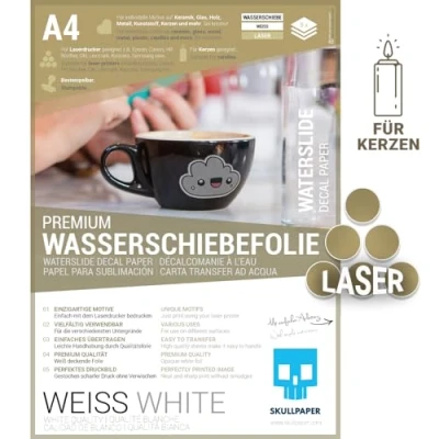 Obrázek SKULLPAPER® posuvná fólie WEISS pro laserové tiskárny velmi tenká DIY Decal obtiskovací obrázek Mokrá keramiku, sklo, svíčky, kov, plast, modelářství (A4 8 listů)