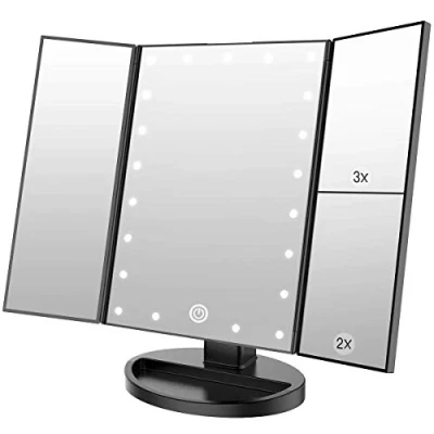 Obrázek WEILY Kosmetické zrcadlo s 21 LED světlem a zvětšením 2x/3x, USB režim Dual Power na baterie, dotykový spínač pro stmívatelný jas (černý)