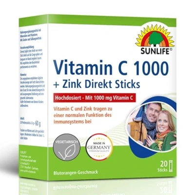 Obrázek SUNLIFE Vitamin C 1000 + přímý zinek 1 x 20 práškových tyčinek příchuť v krvi pomeranče granulát s vitaminem D a selenem doplněk stravy pro imunitní systém na jednu tyčinku mg vitaminu