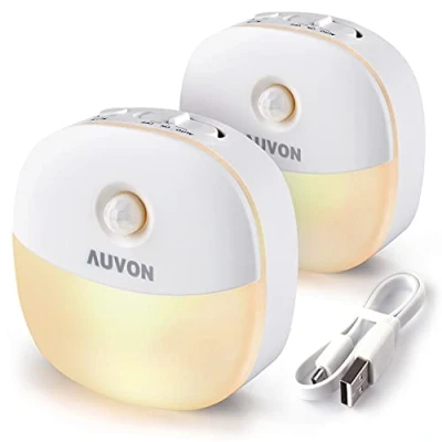 Obrázek AUVON LED noční světlo s detektorem pohybu, nabíjecí USB pro děti se 3 režimy (auto/on/off), teplá bílá lampa dětský pokoj, ložnici, koupelnu, chodbu [2 kusy]