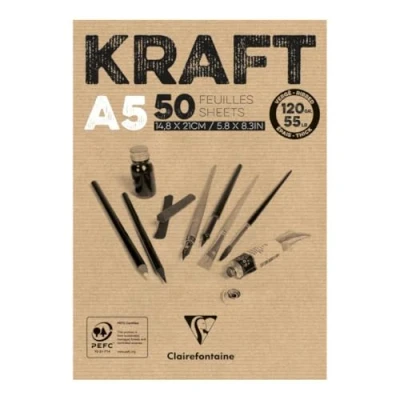 Obrázek Clairefontaine 975814C Block verleimt Kraftpapier 120g, ideal für Trockentechniken, 50 Blatt, DIN A5, 14,8 x 21 cm, braun