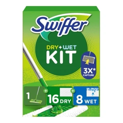 Obrázek Swiffer mop na podlahu Wet &amp; Dry Starter Kit se suchými a vlhkými hadříky čištění parket tvrdých podlah. Rozsah dodávky: 1 podlahu, 16 suchých utěrek 8 vlhkých hadrů