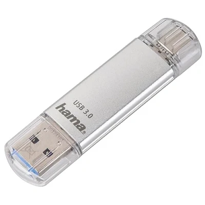 Obrázek Hama 64 GB USB flash disk s 3.0 a 3.1 typ C (2 v 1 paměťový disk, např. pro Android mobil, tablet, počítač, notebook, MacBook, OTG, 40 MB/s) mobilní stříbrná