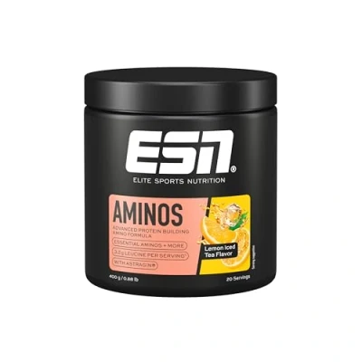 Obrázek ESN AMINOS, Lemon Iced Tea, 400 g, jemný aminoprášek s esenciálními aminokyselinami a astraginem, 3,2 g leucinu v každé porci, ideální rozpustnost, veganská, testovaná kvalita vyrobeno Německu