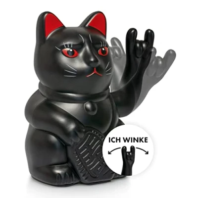 Obrázek ANGRY CAT Koupací kočka Lucky rocková, mávaná rocková japonská mrkací dekorační předmět kývající se figurka mávající rameno znakem Heavy kov 15 cm ČERNÁ MATT