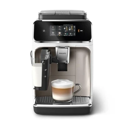 Obrázek PHILIPS Plně automatický kávovar na espresso série 2300 4 nápoje, moderní barevný dotykový displej, mléčný systém LatteGo, SilentBrew, keramický mlýnek, filtr AquaClean. Bílý chrom (EP2333/40)